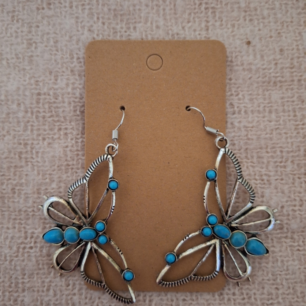 Silver Butterfly Earrings with Blue Accents